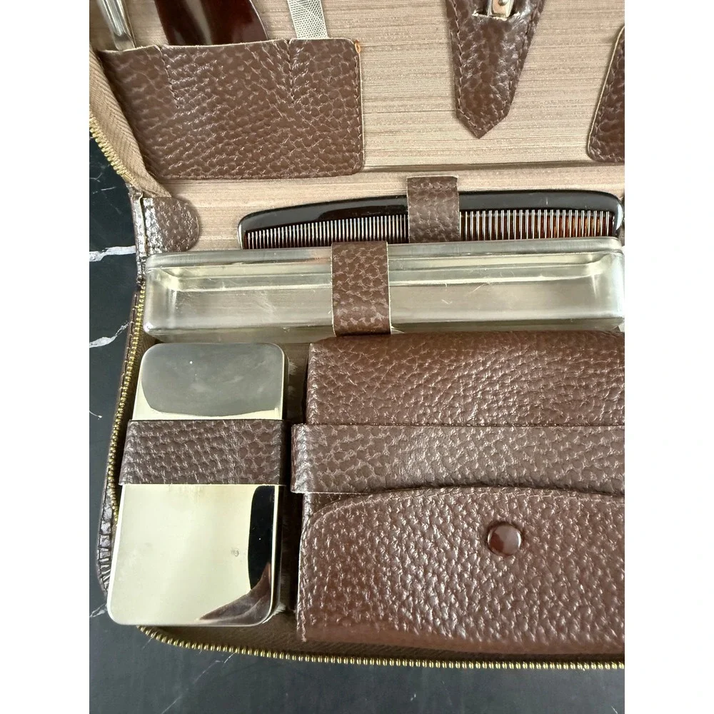 VTG NEW Brown Leather Trimmed Mens Grooming Manicure Set Made in Germany